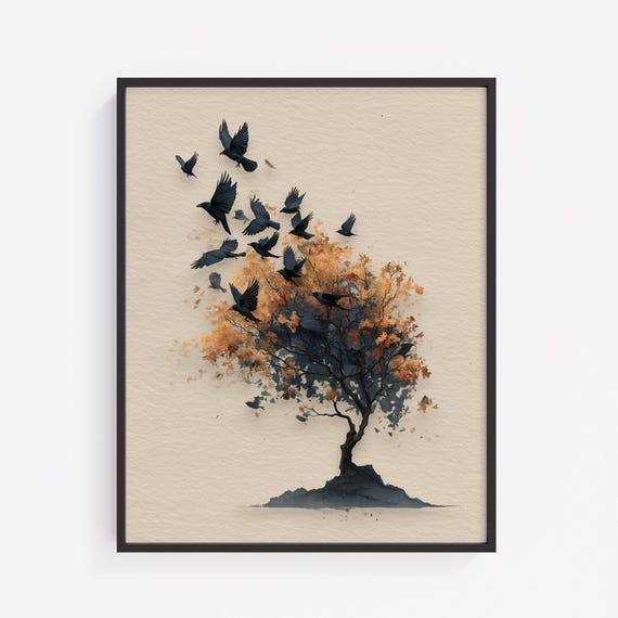 Autumn Tree And Crows Art Print Vintage Fall Decor V358