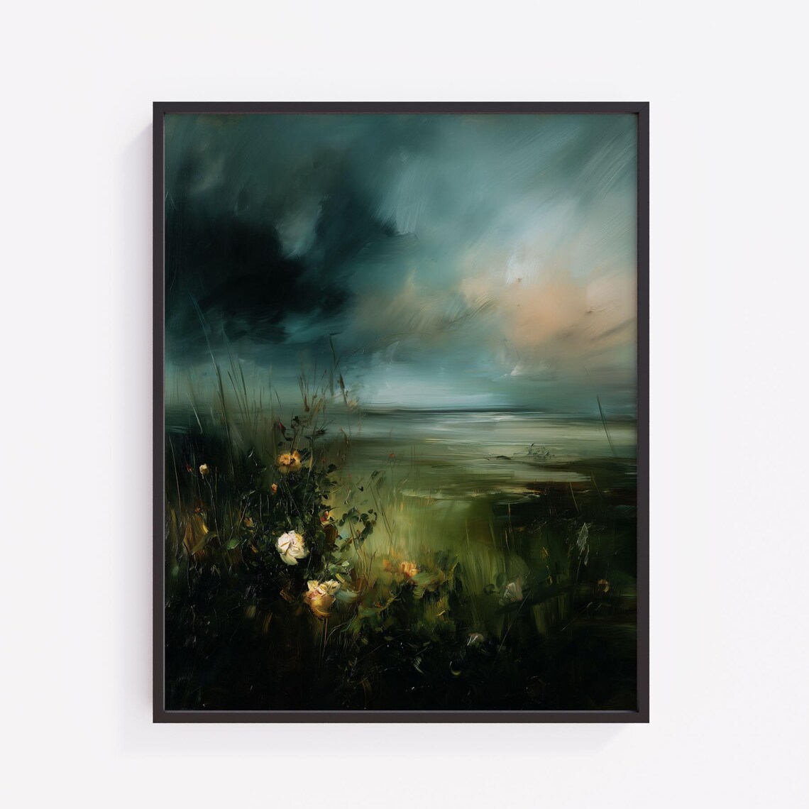 Moody Stormy Coast Semi Abstract Seascape Wildflowers Dark Sky Poster