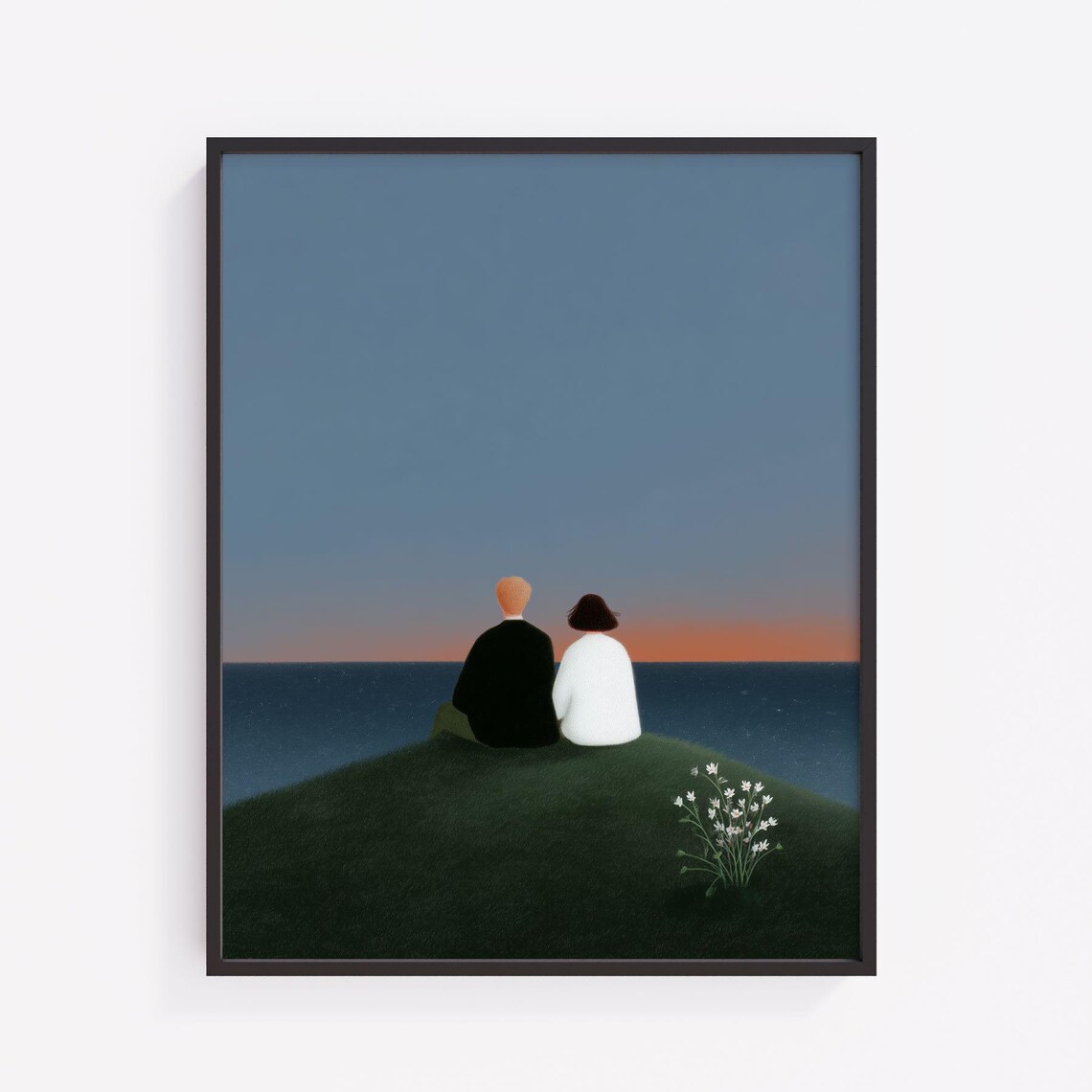 Couple Watching Ocean Sunset Hilltop Minimalist Romantic Art Poster