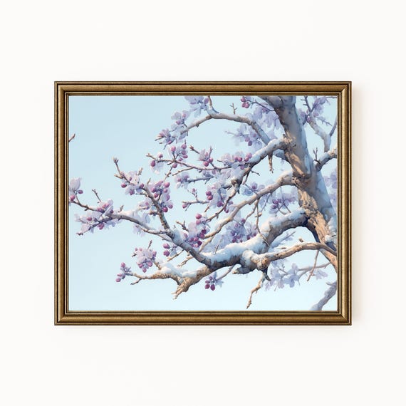 Frosted Orchard Branches Art Winter Landscape Nature Wall Decor Pale Sky Seasonal