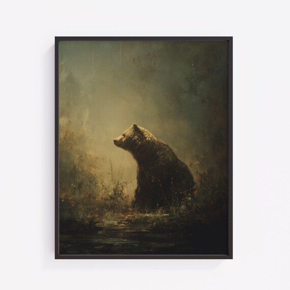 Vintage Moody Bear Print Rustic Forest Animal Art