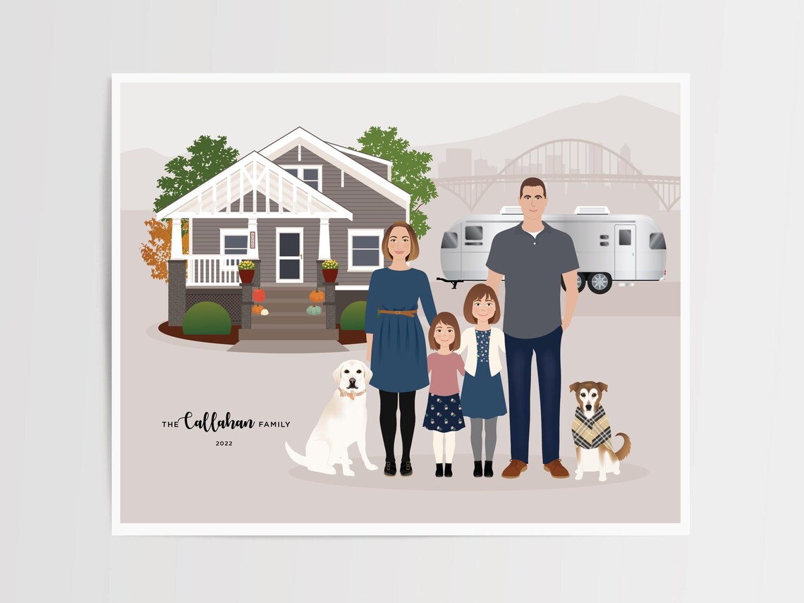 Custom Family And House Portrait, Personalized Gift