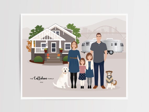 Custom Family And House Portrait, Personalized Gift