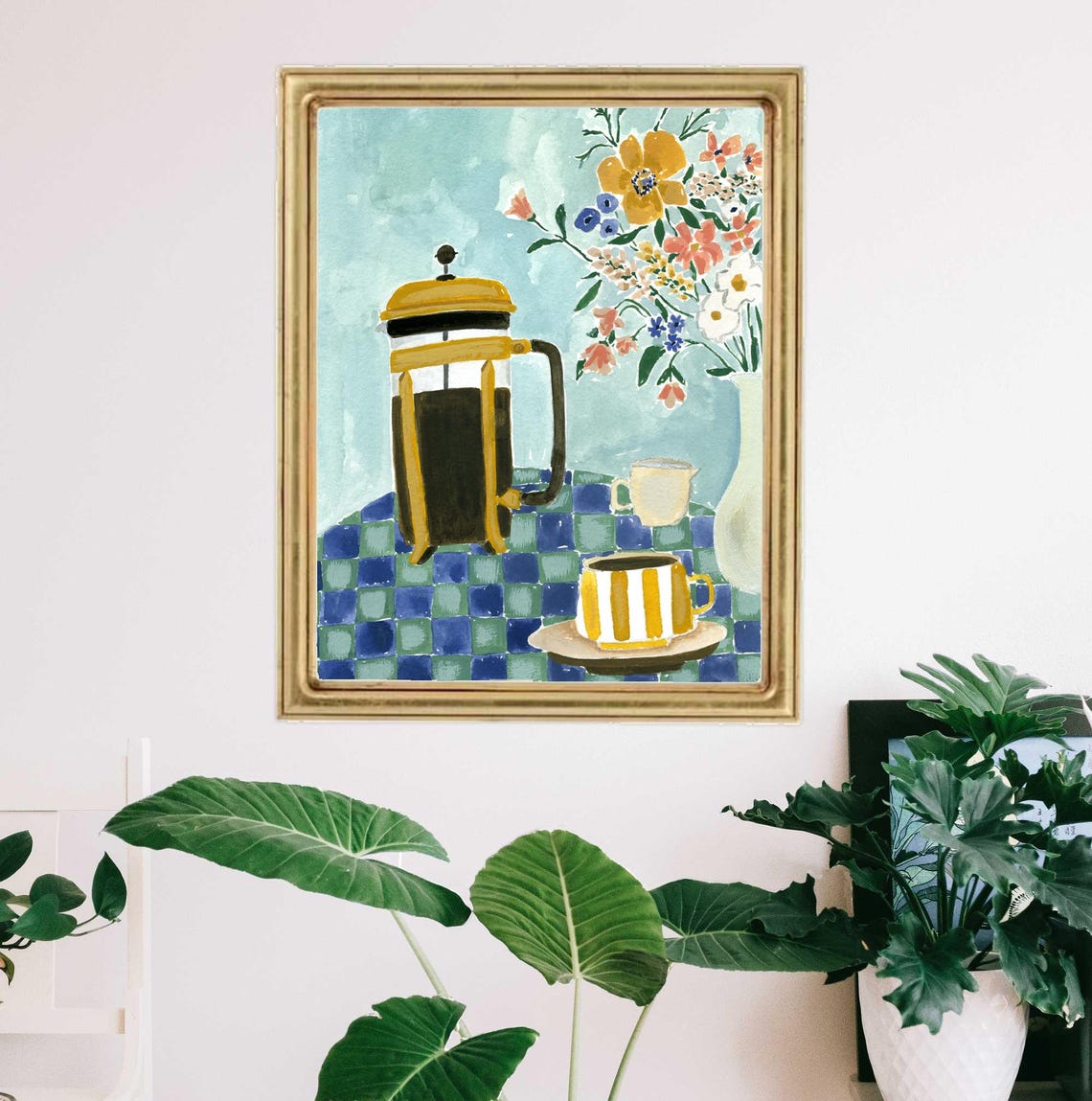 French Press Coffee Pot with Striped Mug Watercolor Kitchen Poster - Image 3