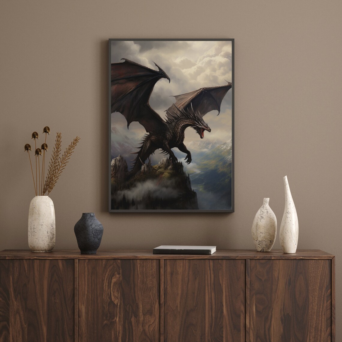 Powerful Dragon Flying Fantasy Poster, Mountaintop - Image 2