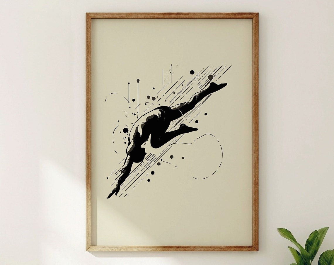 Diving Swimmer Black Ink Splash Bold Modern Sports Club Wall Art