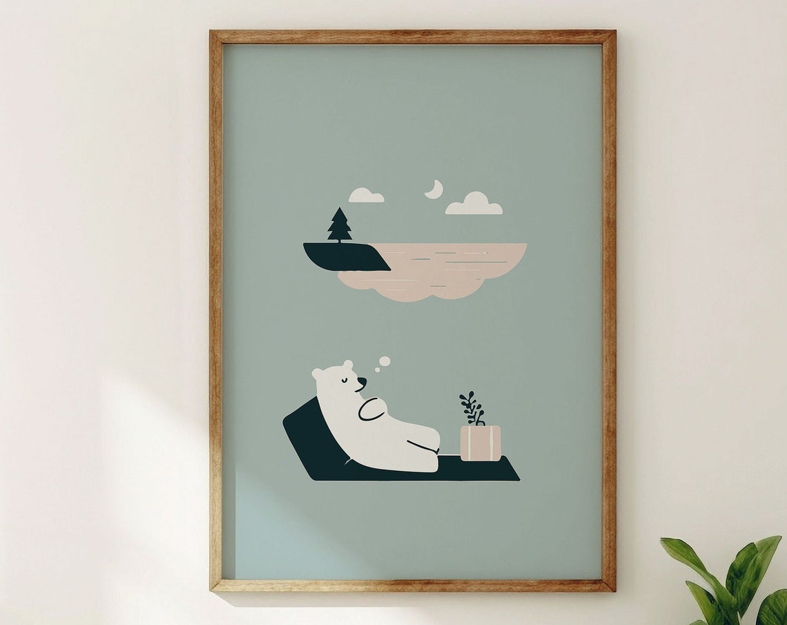Dreaming Polar Bear Moonlit Lake Sage Green Kids Room Poster