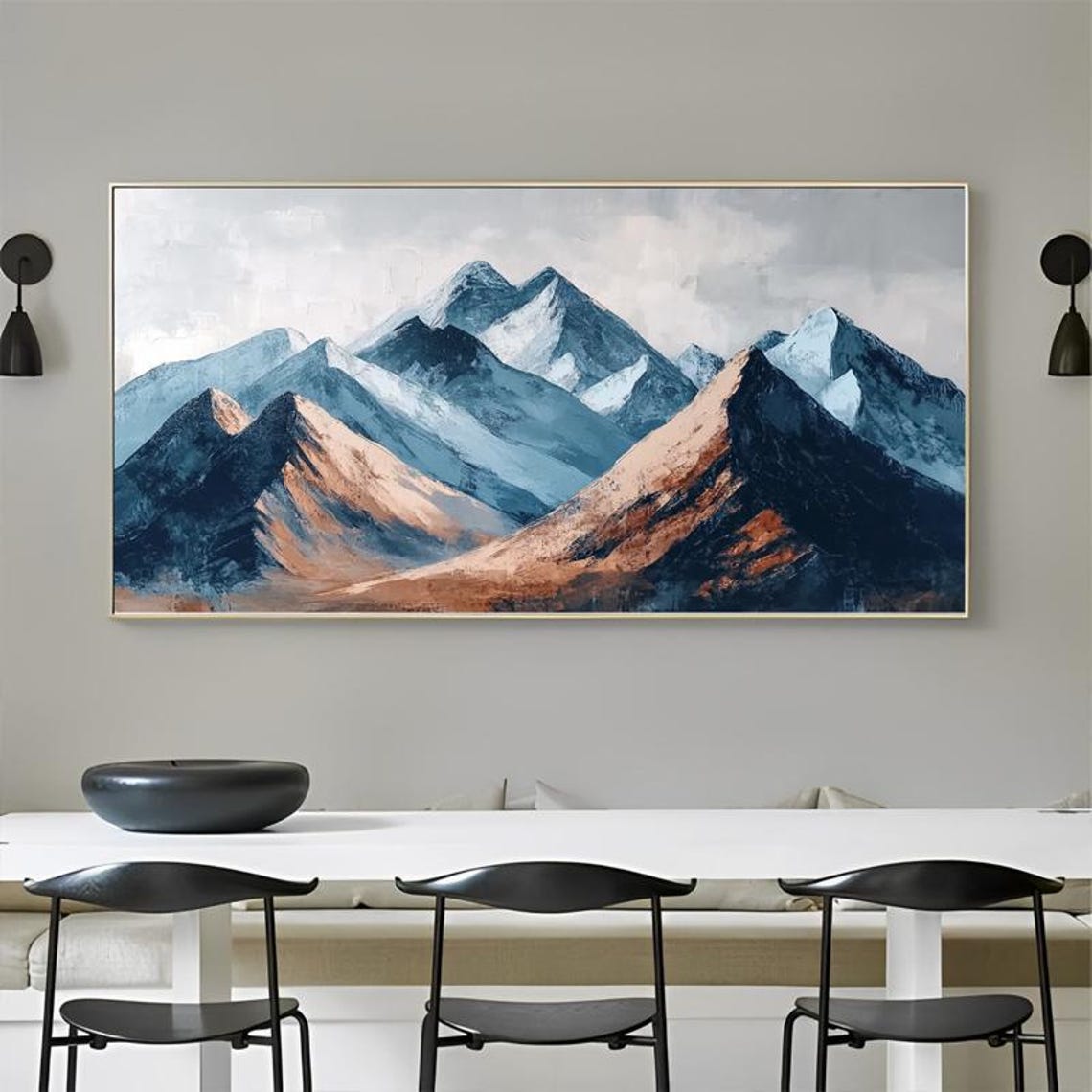 Blue Tan Mountain Peaks In Gradient Landscape Art Painting Poster - Image 2
