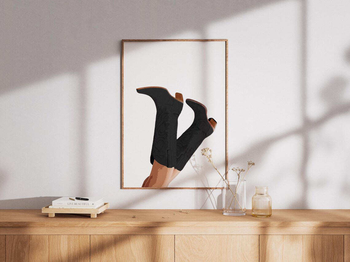 Black Cowboy Boots Minimalist Western Fashion Illustration Poster
