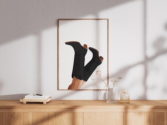 Black Cowboy Boots Minimalist Western Fashion Illustration Poster