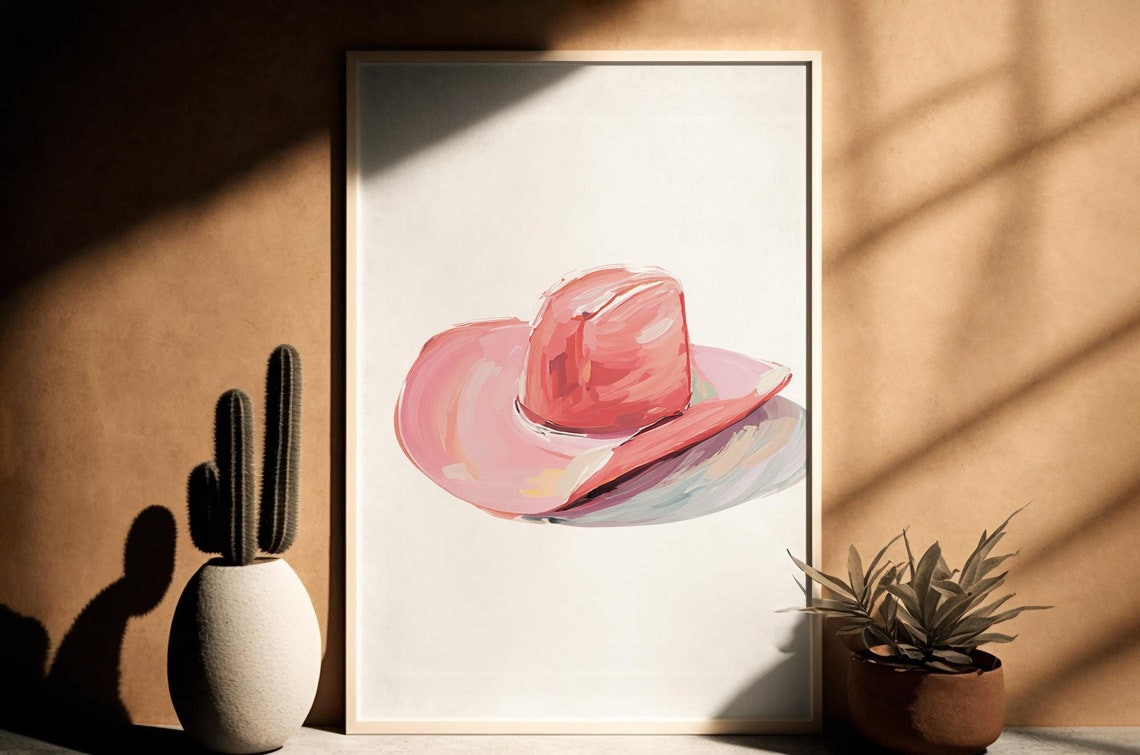 Pink Cowgirl Hat Oil Painting Western Wall Art Preppy Decor Pink Rodeo Decor Western Painting Coastal Cowgirl Print Western Preppy