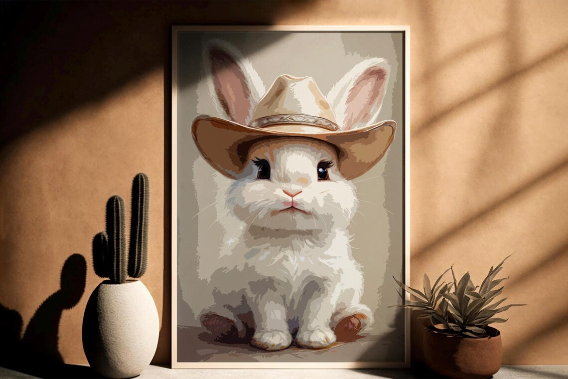 Cute Bunny in Cowboy Hat Western Animal Art Nursery Wall Poster