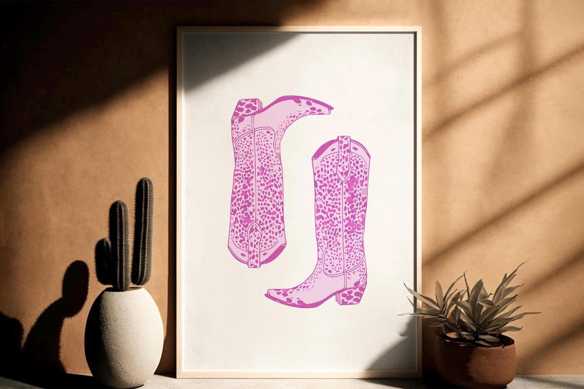 Pink Cowgirl Boots Cheetah Print Western Printpreppy Decor Rodeo Wall Artpink