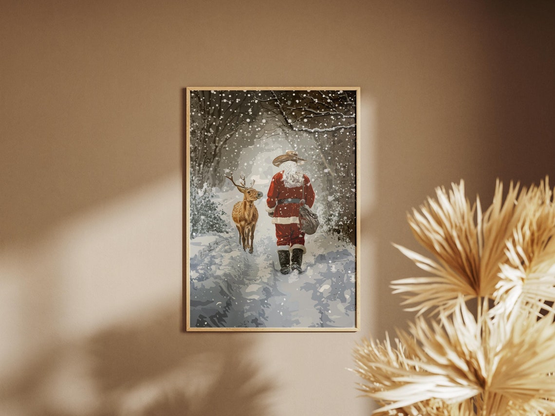 Cowboy Santa Walking in Snow with Reindeer Western Christmas Poster