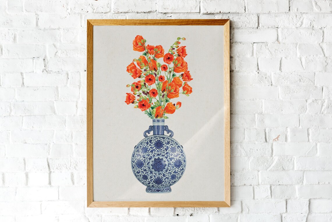 Orange Poppy Flowers in Blue Chinoiserie Vase Botanical Poster