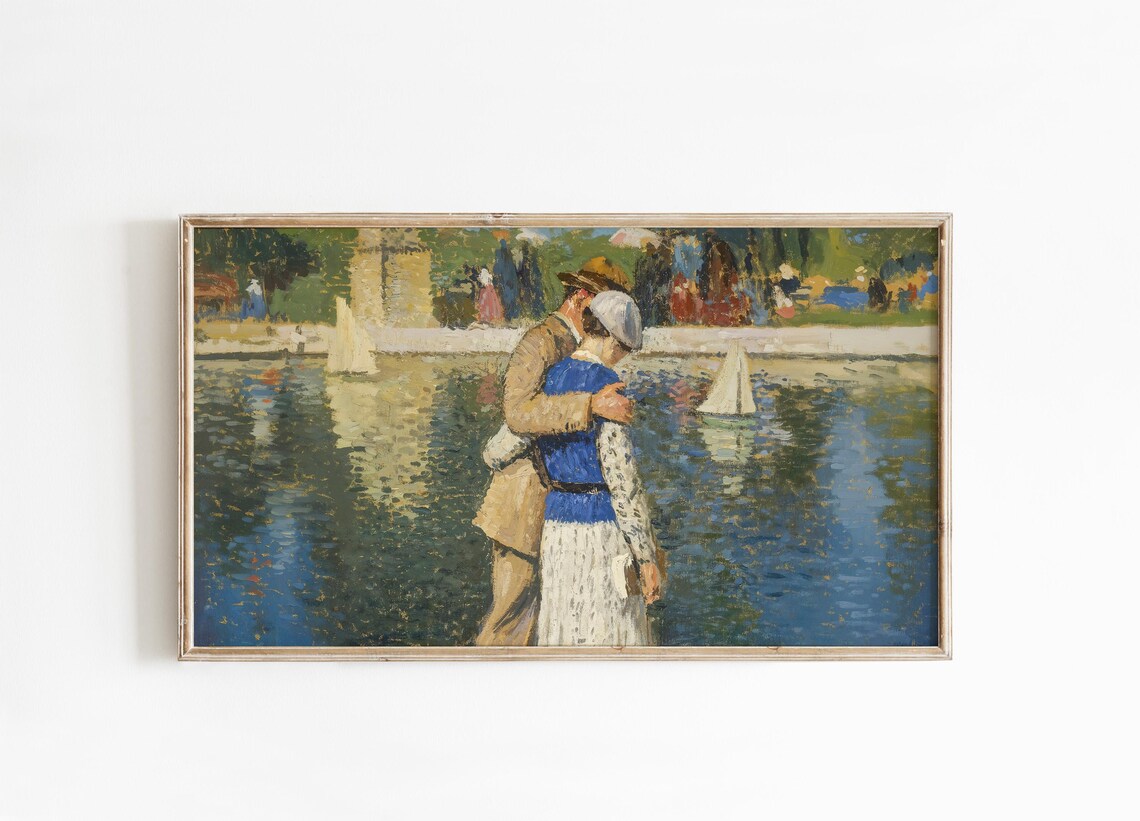 Romantic Couple By Water Impressionist Love Painting Vintage Poster