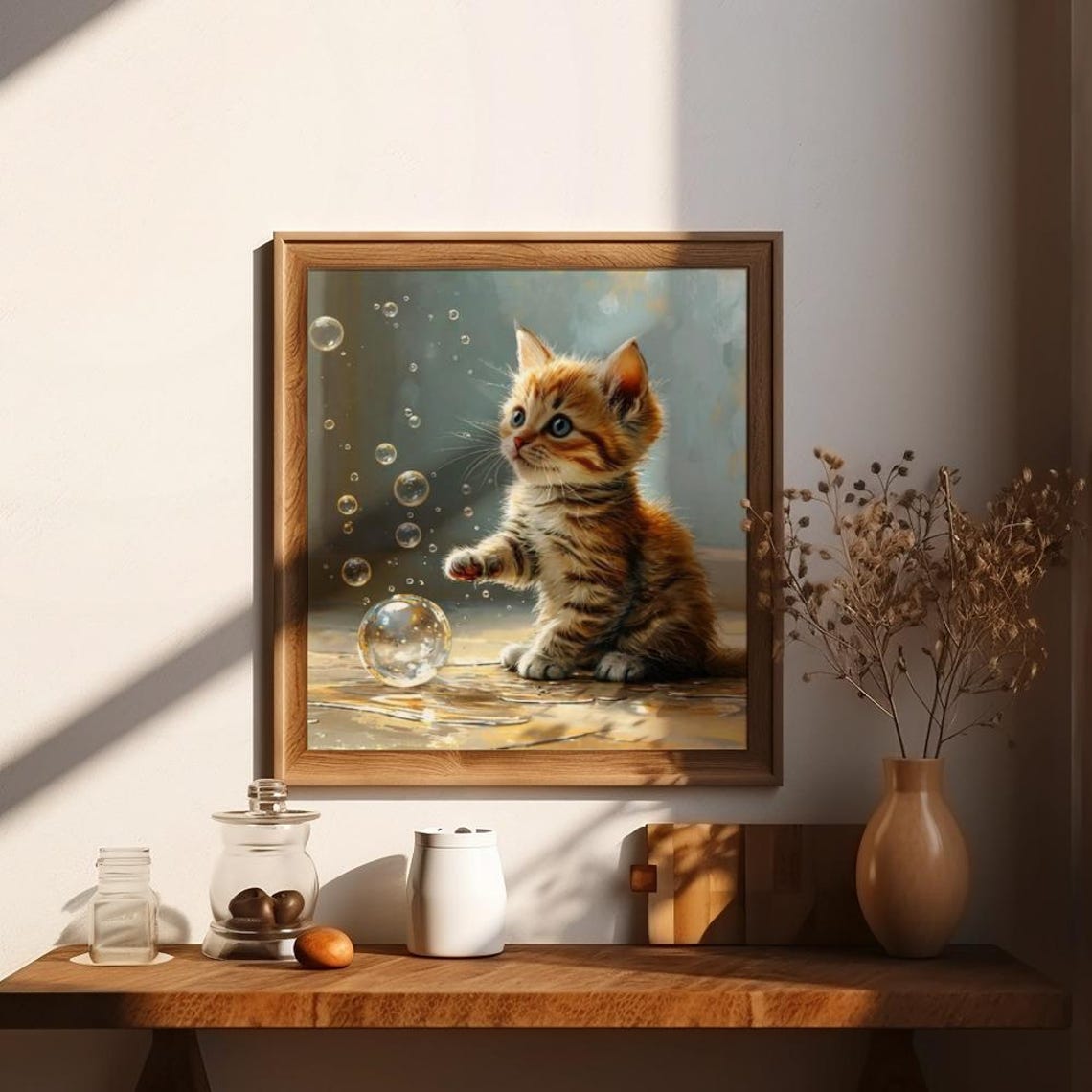 Cute Orange Tabby Kitten Playing With Floating Soap Bubbles Poster