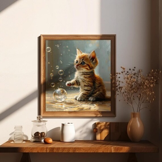 Cute Orange Tabby Kitten Playing With Floating Soap Bubbles Poster