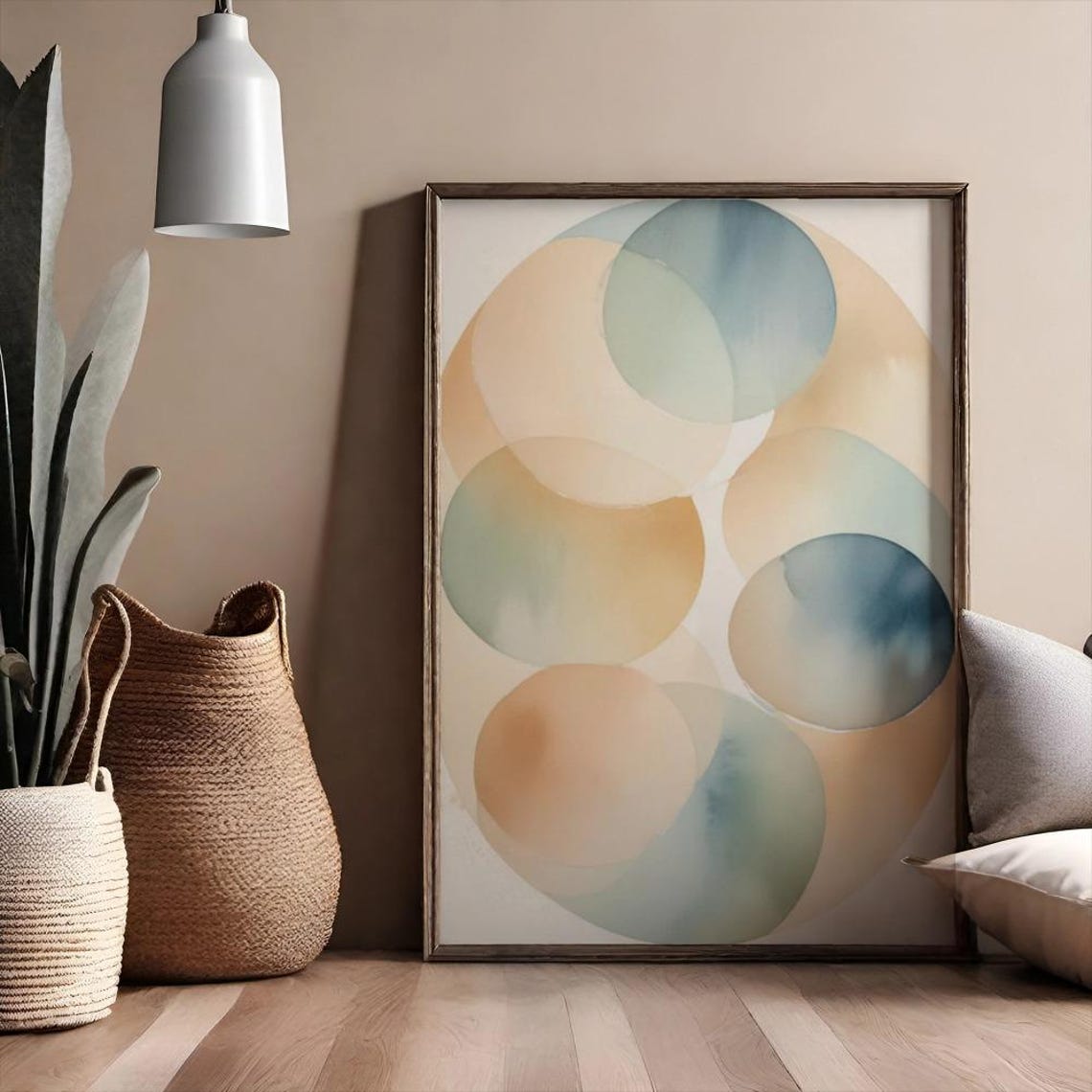 Peach and Blue Overlapping Circles Watercolor Calm Abstract Poster