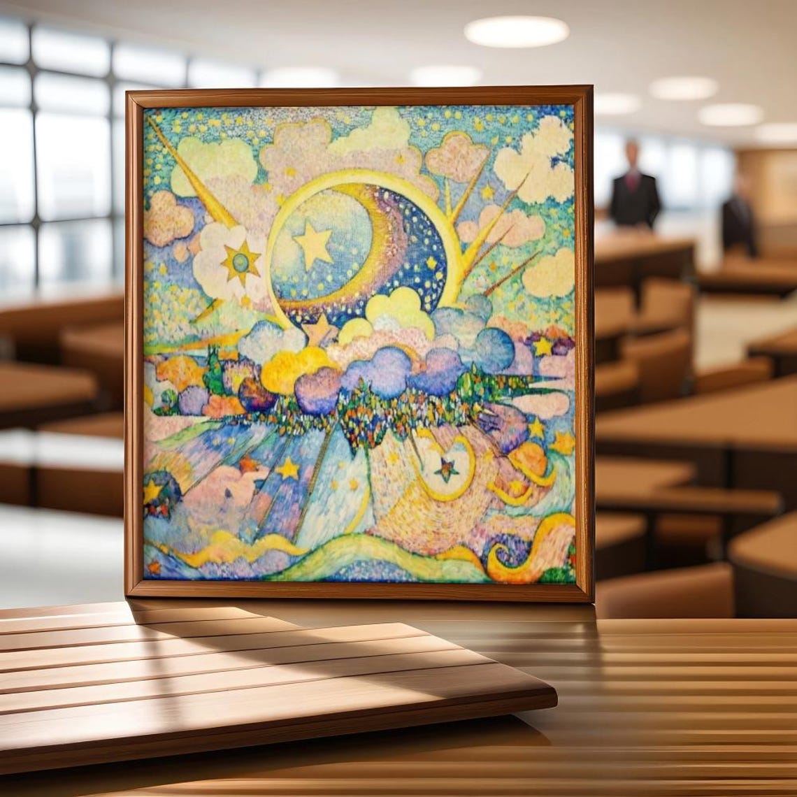 Whimsical Crescent Moon And Stars Over Pastel Cloudscape Poster