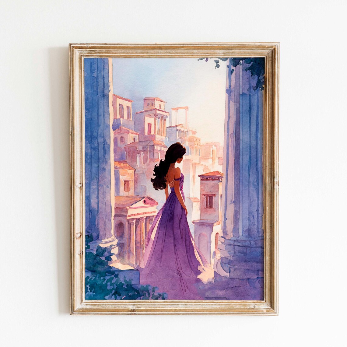 Dark Haired Woman In Purple Gown Ancient Ruins Golden Hour Poster