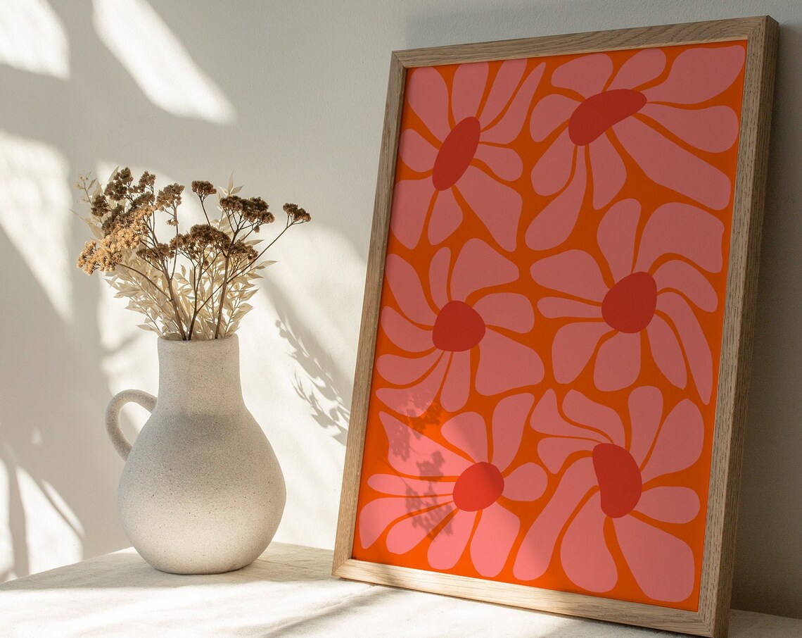 Bold Retro Floral Poster With Pink Daisies on Bright Orange Background