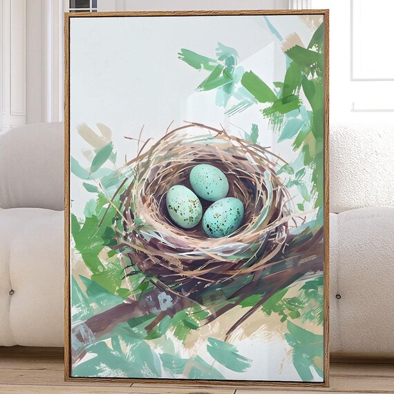 Blue Speckled Eggs Bird Nest Watercolor Spring Painting Poster