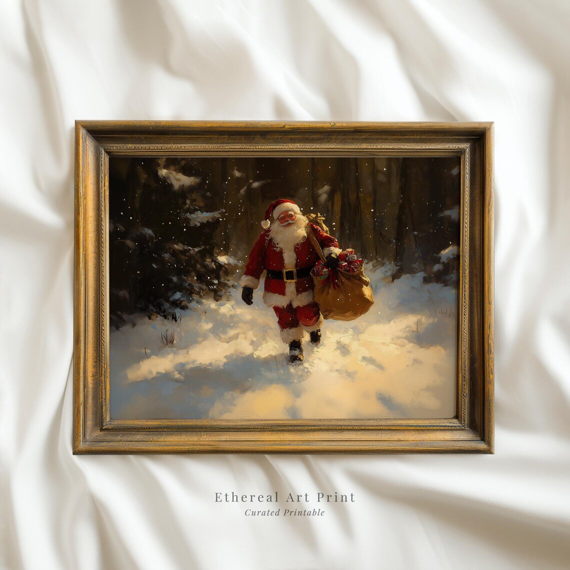 Santa With Toy Sack Snowy Night Forest Christmas Painting Wall Art