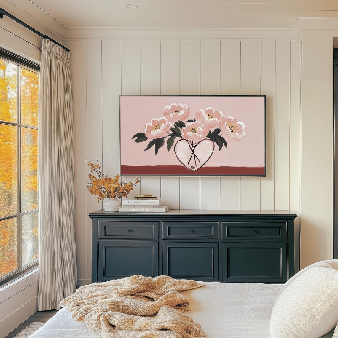Pink Peonies In Heart Shaped Vase Floral Painting Romantic Wall Art - Image 4