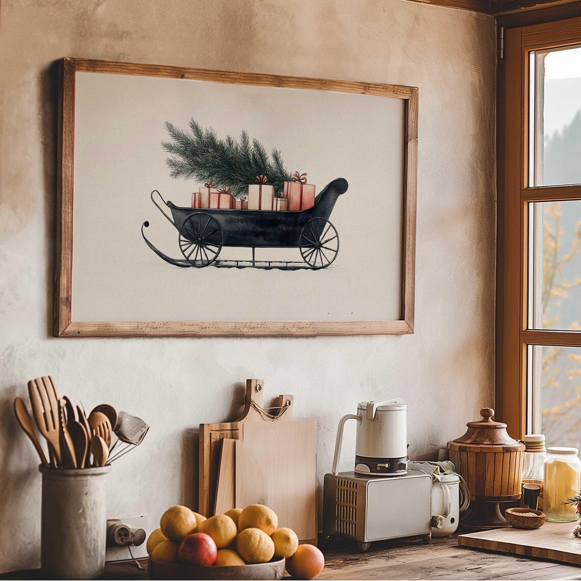 Vintage Sleigh With Christmas Tree Gifts Frame Tv Art Holiday Decor - Image 2