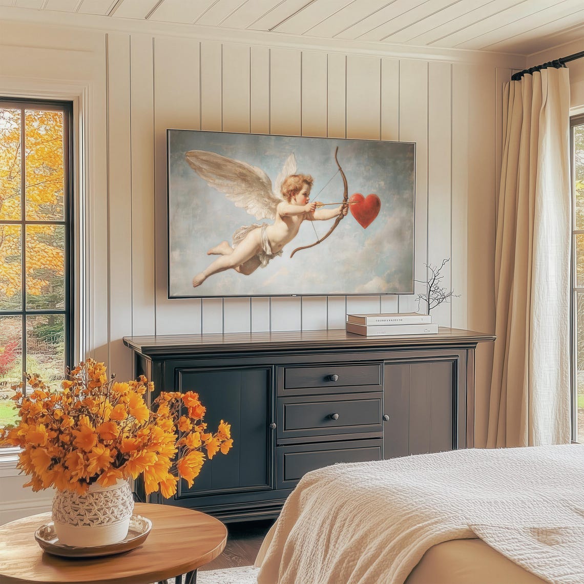 Vintage Cupid With Bow Aiming At Red Heart Romantic Painting Wall Art - Image 3
