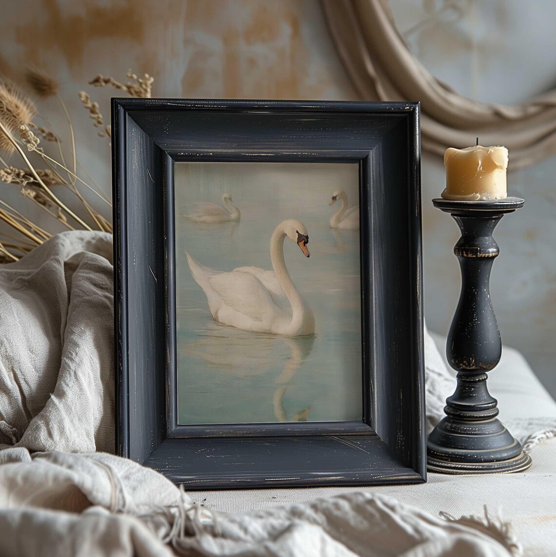 White Swan Painting Pastel Mute Swans On Calm Lake Oil Art Print - Image 3