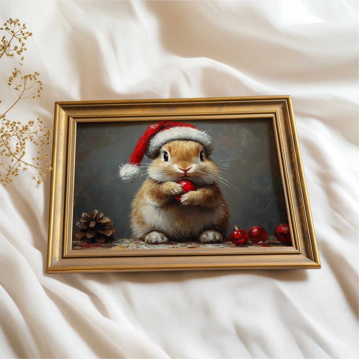 Sweet Bunny Rabbit Santa Hat Red Ornament Christmas Wall Art - Image 3
