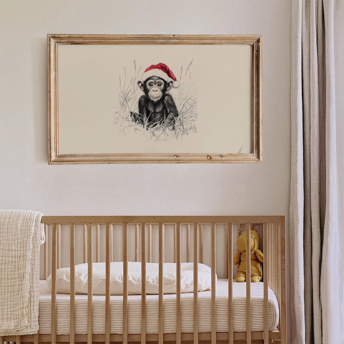 Baby Monkey Santa Hat Smiling Sketch Neutral Christmas Winter Wall Art - Image 2