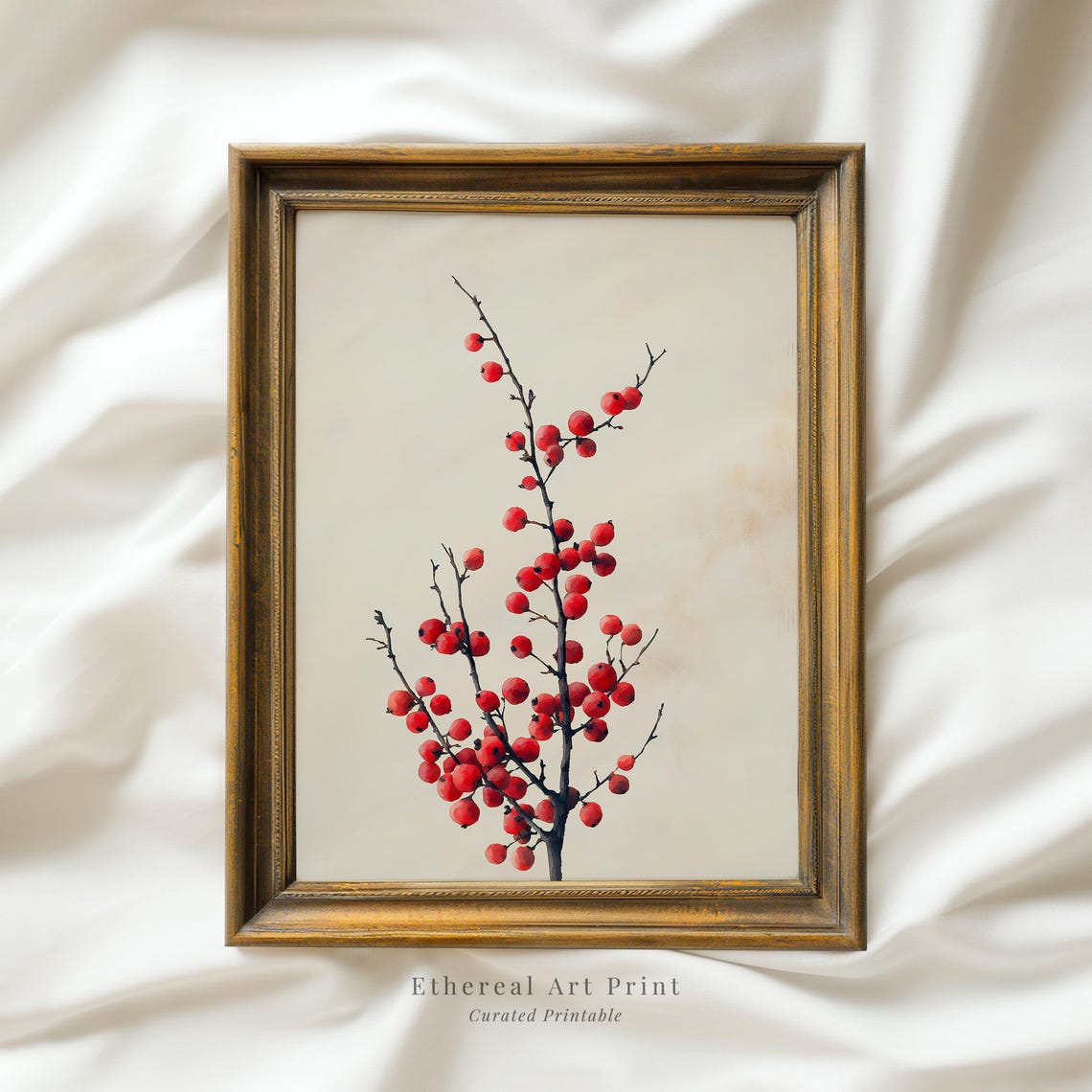Minimalist Red Winterberry Branch Botanical Watercolor Art Print