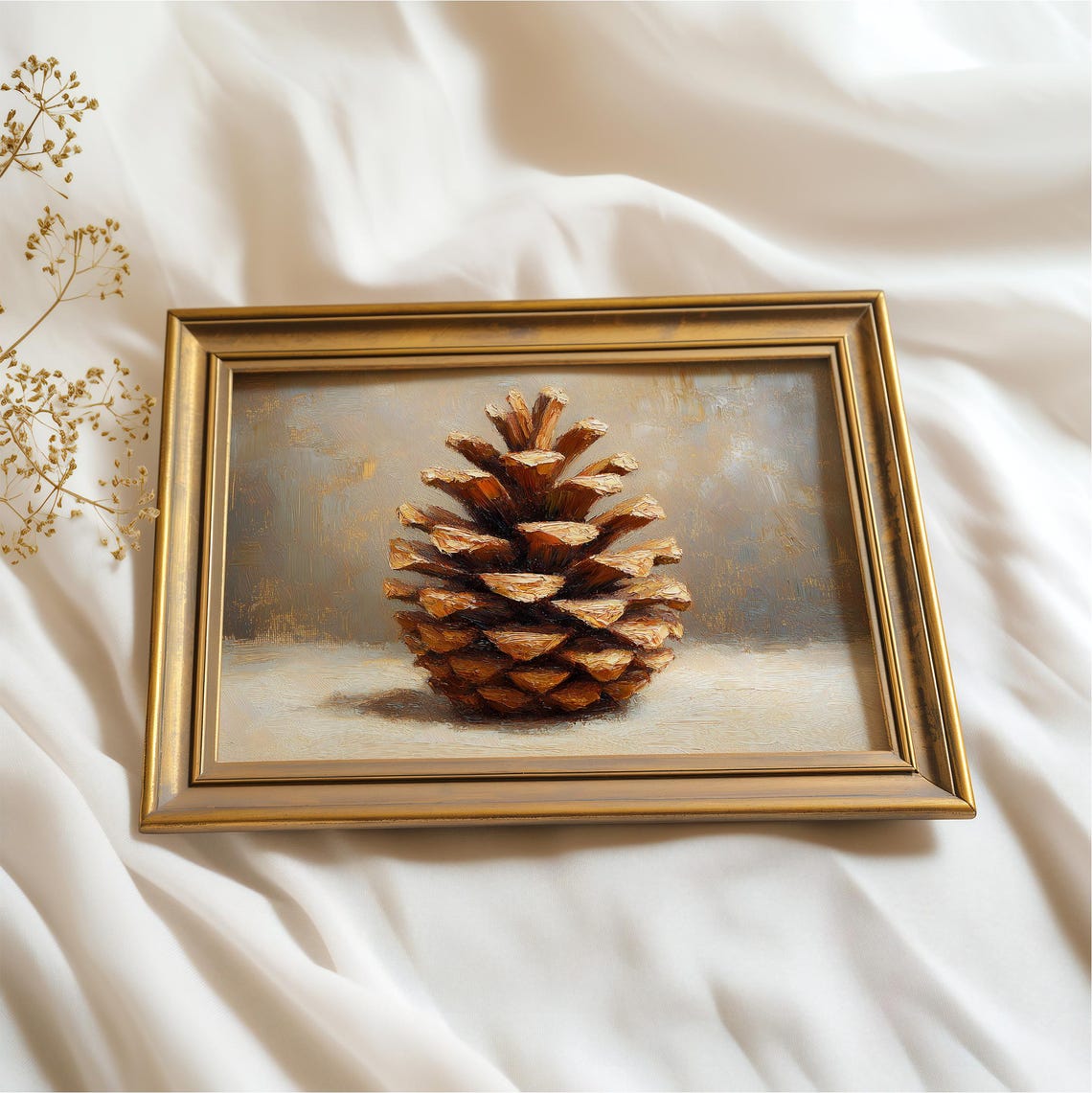 Single Pine Cone Still Life Oil Painting Rustic Botanical Art Print - Image 3