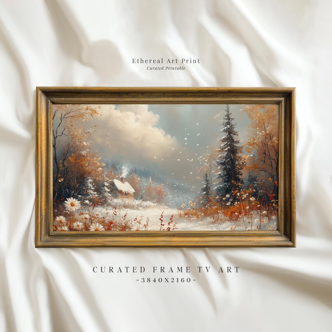 Snowy Cabin In Wildflower Meadow Winter Landscape Painting Wall Art