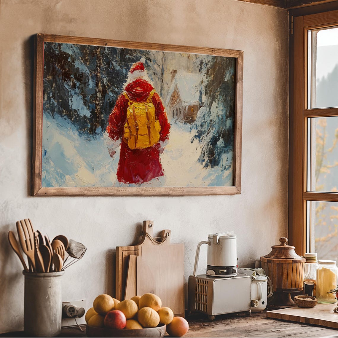 Santa Claus Walking Through Snowy Forest To Cabin Christmas Poster - Image 2