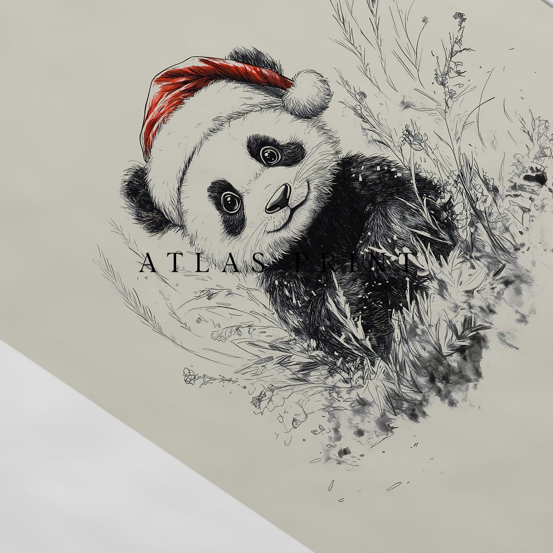 Cute Baby Panda With Santa Hat Sketch Neutral Christmas Nursery Wall Decor Vintage Winter Wall Art Panda Drawing Prints - Image 4