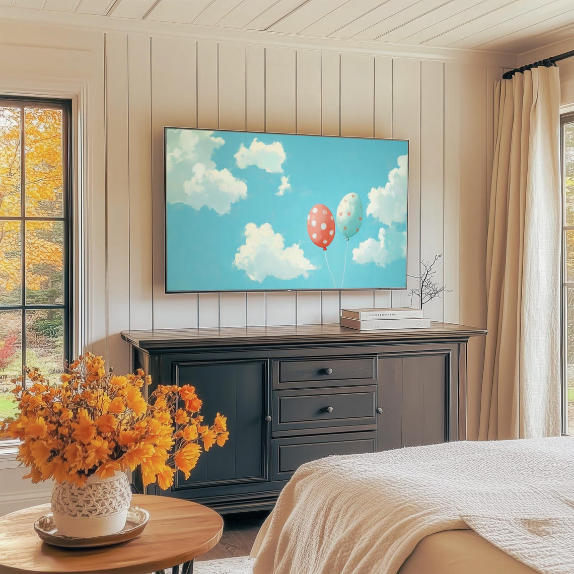 Polka Dot And Heart Balloons Floating In Blue Sky Whimsy Wall Art - Image 2