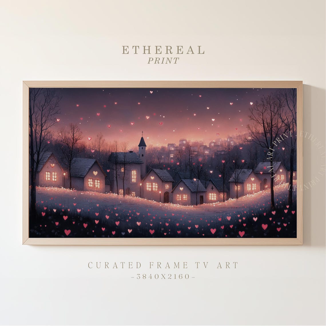 Snowy Village Night With Glowing Hearts Under Pink Sky Wall Art
