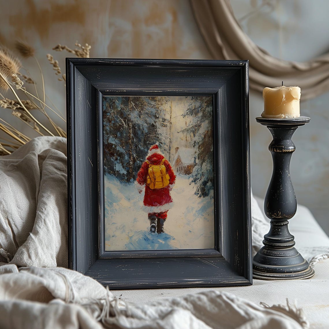 Santa Claus With Gift Backpack In Snowy Forest Christmas Art Print - Image 2