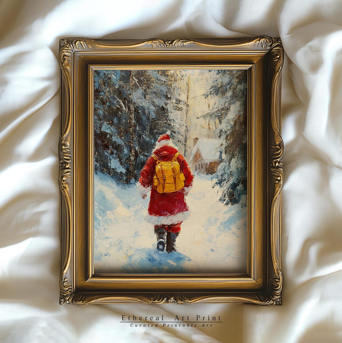 Santa Claus With Gift Backpack In Snowy Forest Christmas Art Print - Image 3