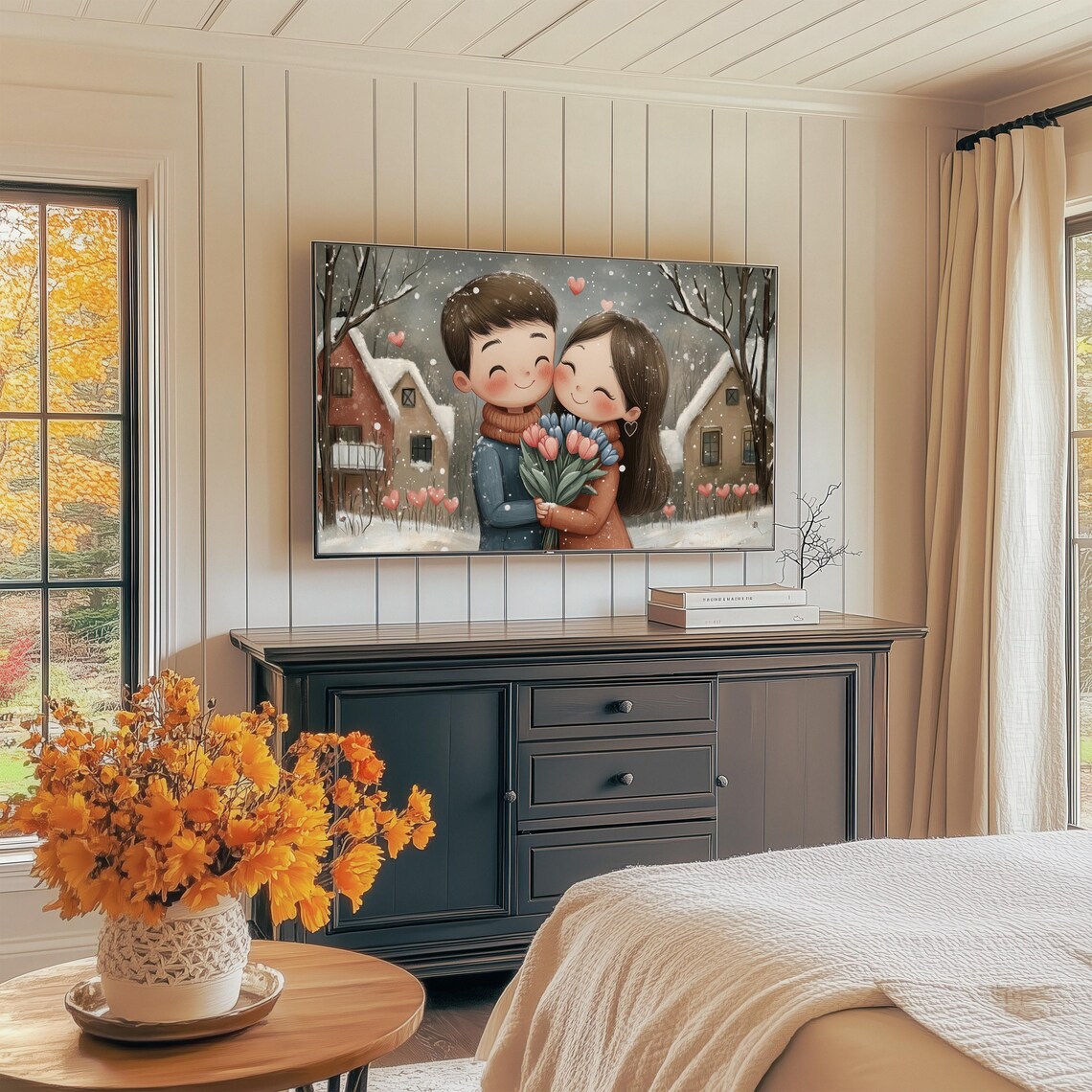 Sweet Couple Hugging In Snowy Village At Dusk Valentine Art Print - Image 2