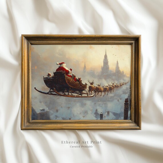Vintage Christmas Santa Claus Print Santa Riding Sleigh Reindeer Painting Dark Moody Winter Decor Xmas Festive Prints