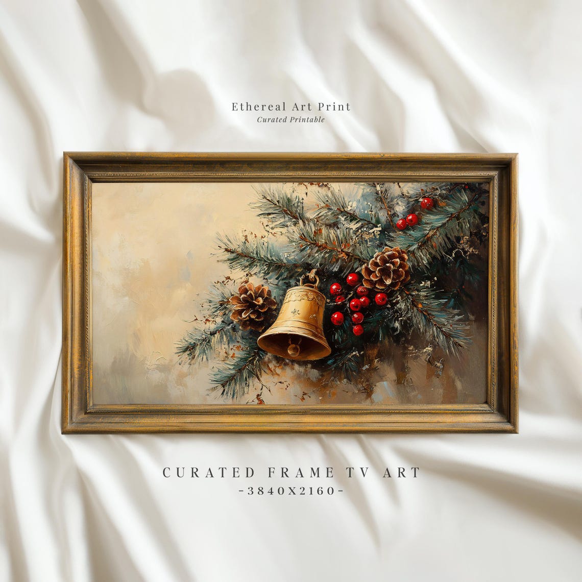 Golden Christmas Bell Pine Cones Berries Winter Forest Art Poster