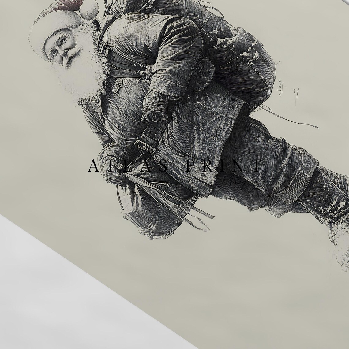 Santa Claus Traveler Full Body Pencil Sketch Drawing Wall Art - Image 4