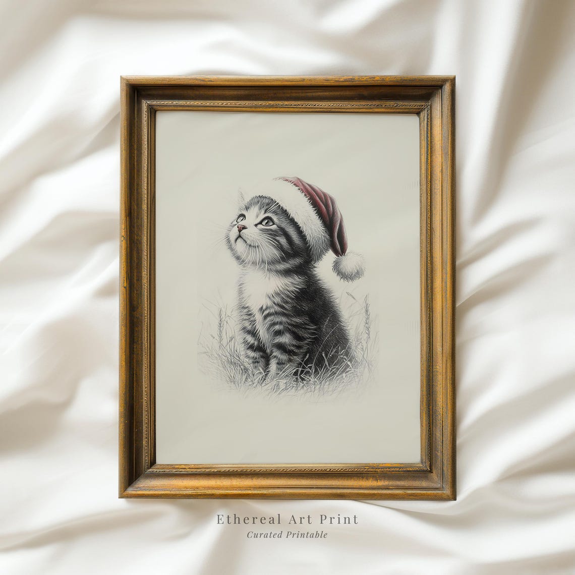 Cute Kitten With Santa Hat Sketch Print Neutral Christmas Nursery Wall Decor Vintage Winter Wall Art Cat Drawing Prints