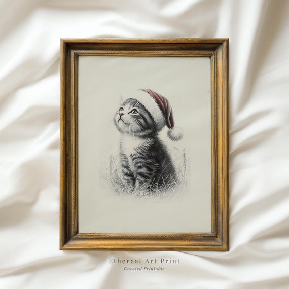 Cute Kitten With Santa Hat Sketch Print Neutral Christmas Nursery Wall Decor Vintage Winter Wall Art Cat Drawing Prints