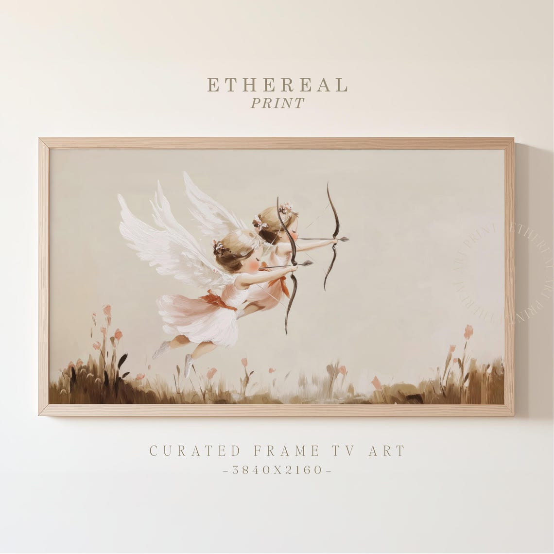 Two Flying Cupids With Bow And Arrow Wildflower Meadow Art Print